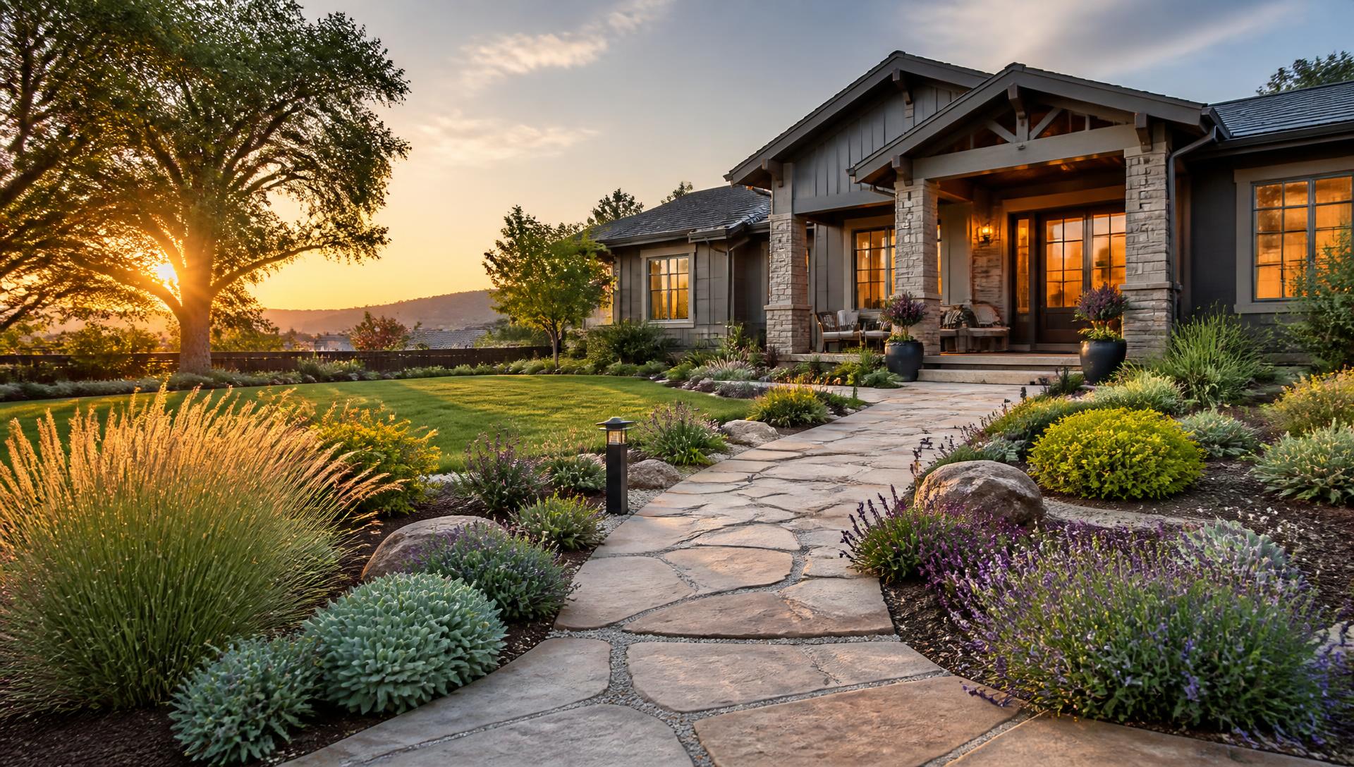 Professionally landscaped residential front yard at golden hour
